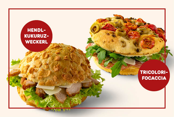 Tricolori-Focaccia und Hendl-Kukurz-Weckerl